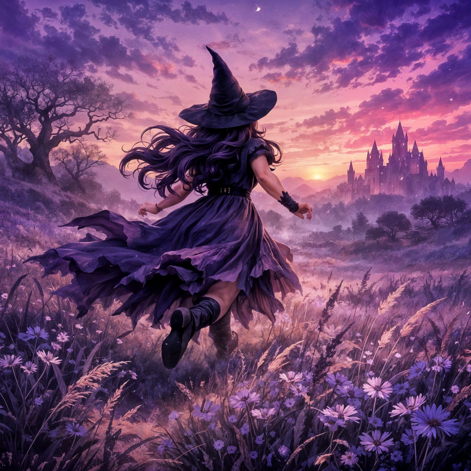 Purple Witch Sprinting Through Enchanted Meadow