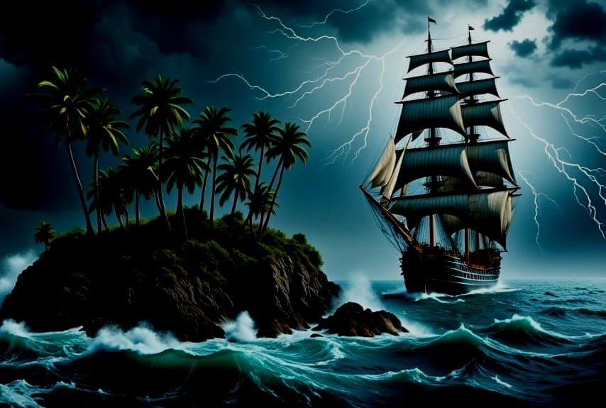 Stormy Island Harbor Scene with Tall Ship