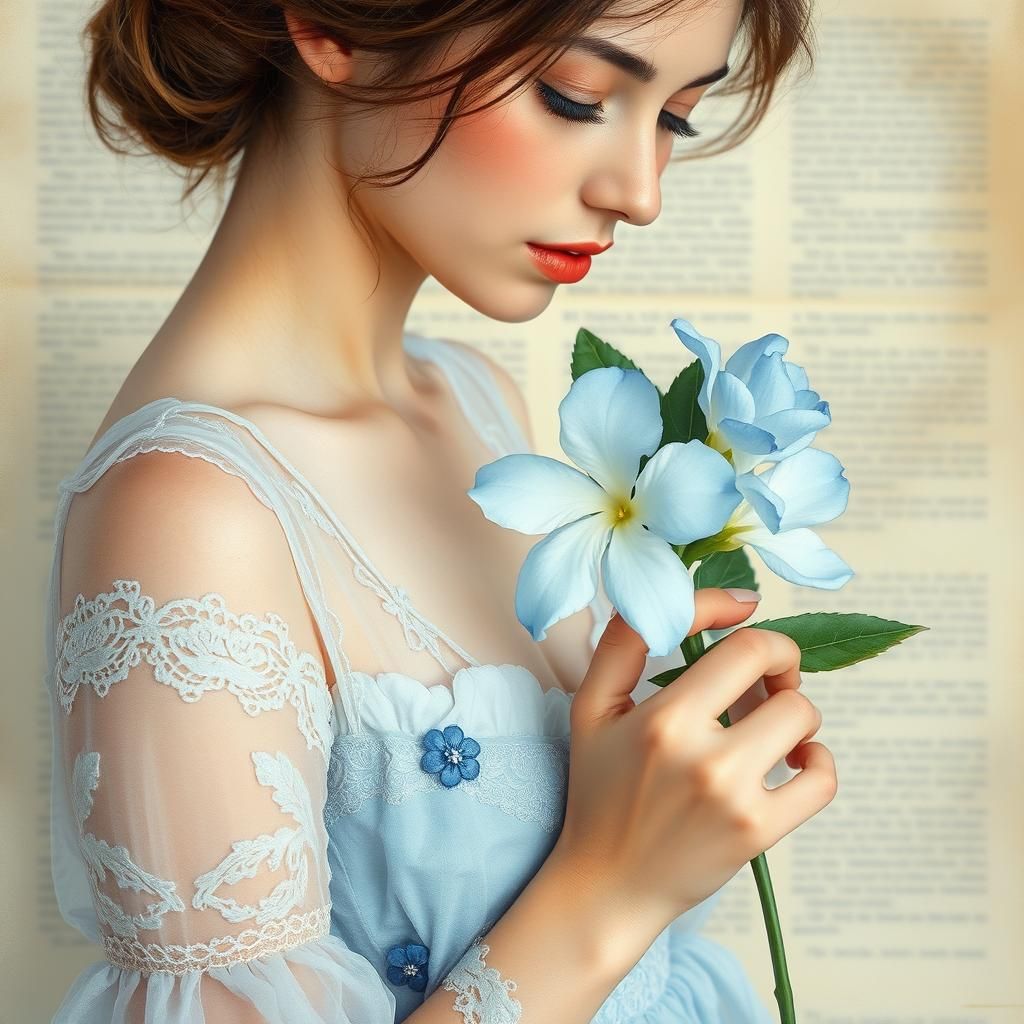 Watercolor Woman with Blue Gardenia in Impressionist Style