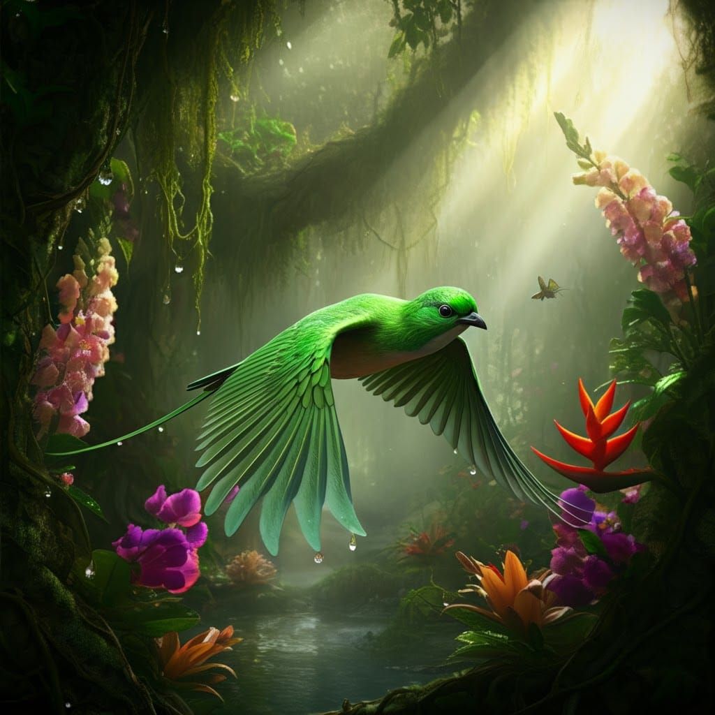 Elegant Green Bird Soaring Through Tropical Rainforest