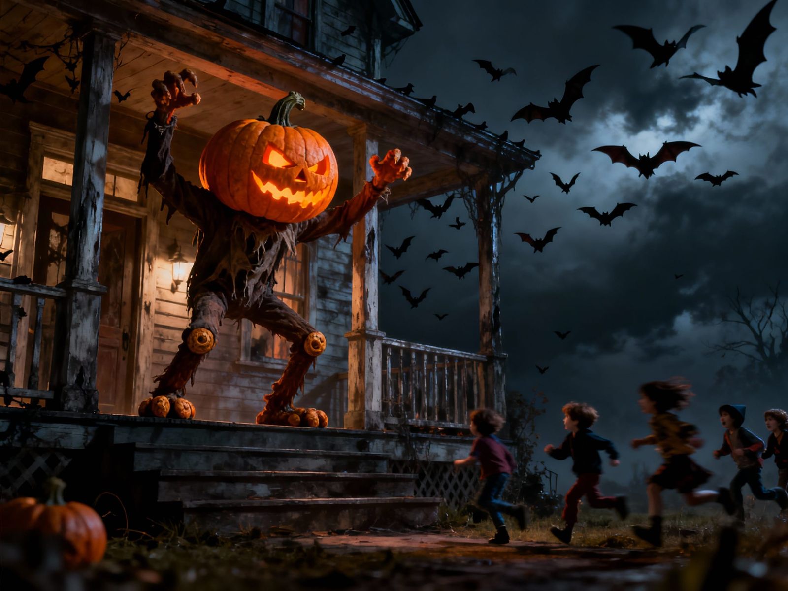 Menacing Jack-O-Lantern on Haunted House Porch