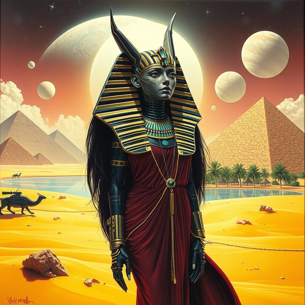 Robotic Egyptian Sphinx in Cyberpunk Retro Style