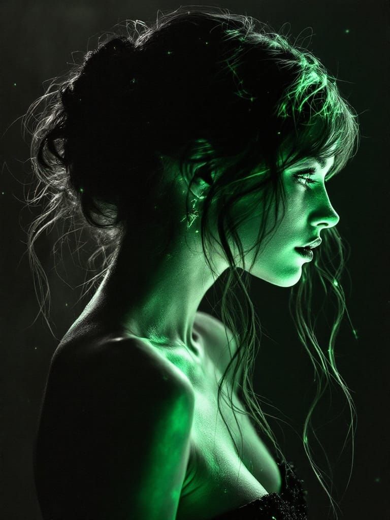 Phosphorescent Engraving: Luminous Green Accents Emerge from...