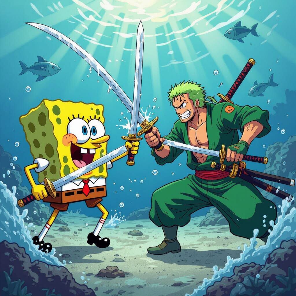 SpongeBob and Zoro Sword Fight in Comic Book Style