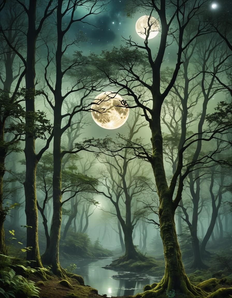 Magical Moonlit Forest in a Fairytale Dream