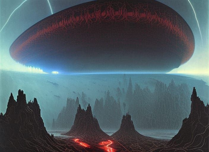 Stormy Alien Landscape in Engraving Style
