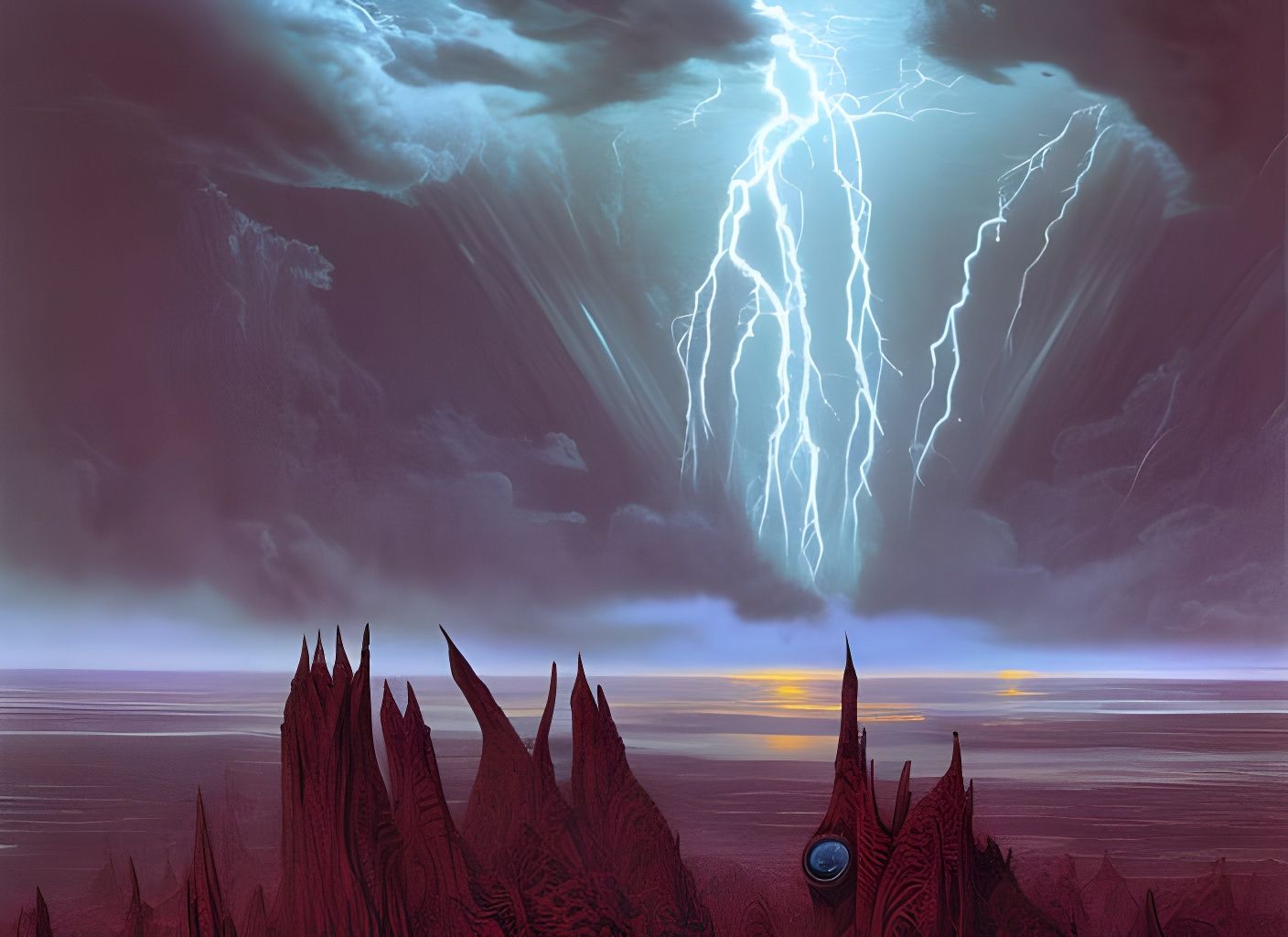 Alien Landscape Under Thunderstorms: Sci-Fi Art