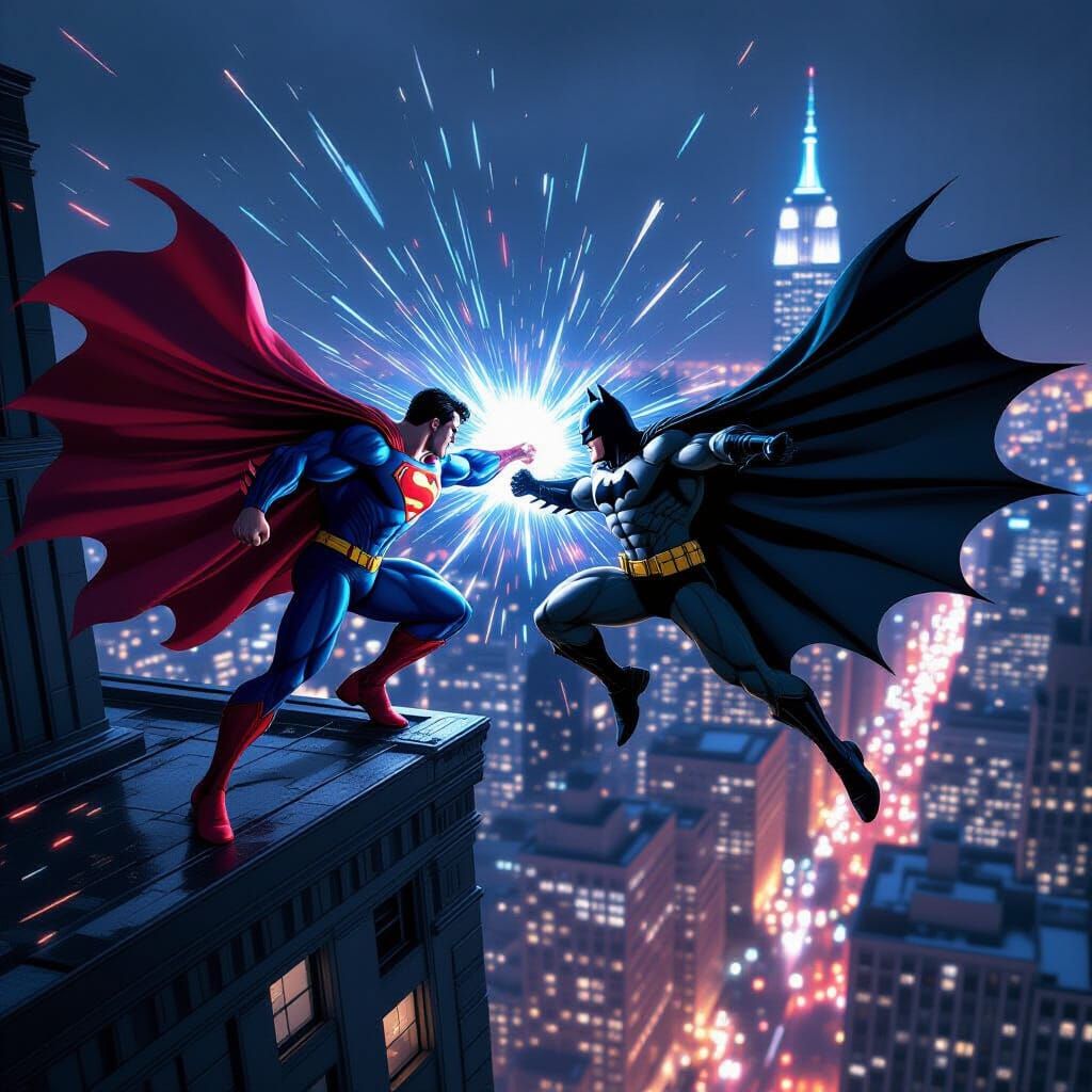 Superman and Batman Battle on NYC Skyscraper in High-Quality...