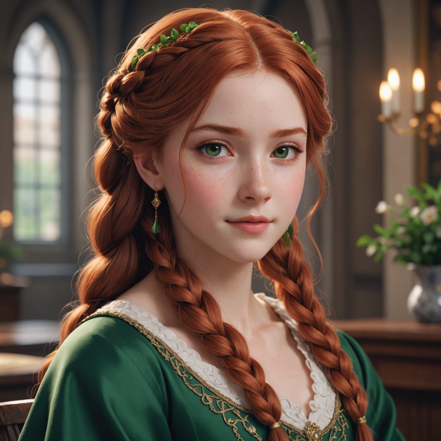Red-Haired Girl in Green Gown: 3D Anime Portrait
