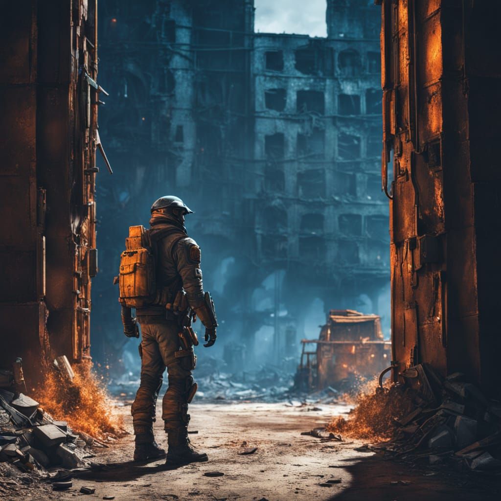 Dystopian Freedom Fighter in Ruined Cityscape