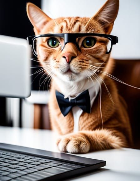 Cat IT Support Typing on Laptop with Glasses