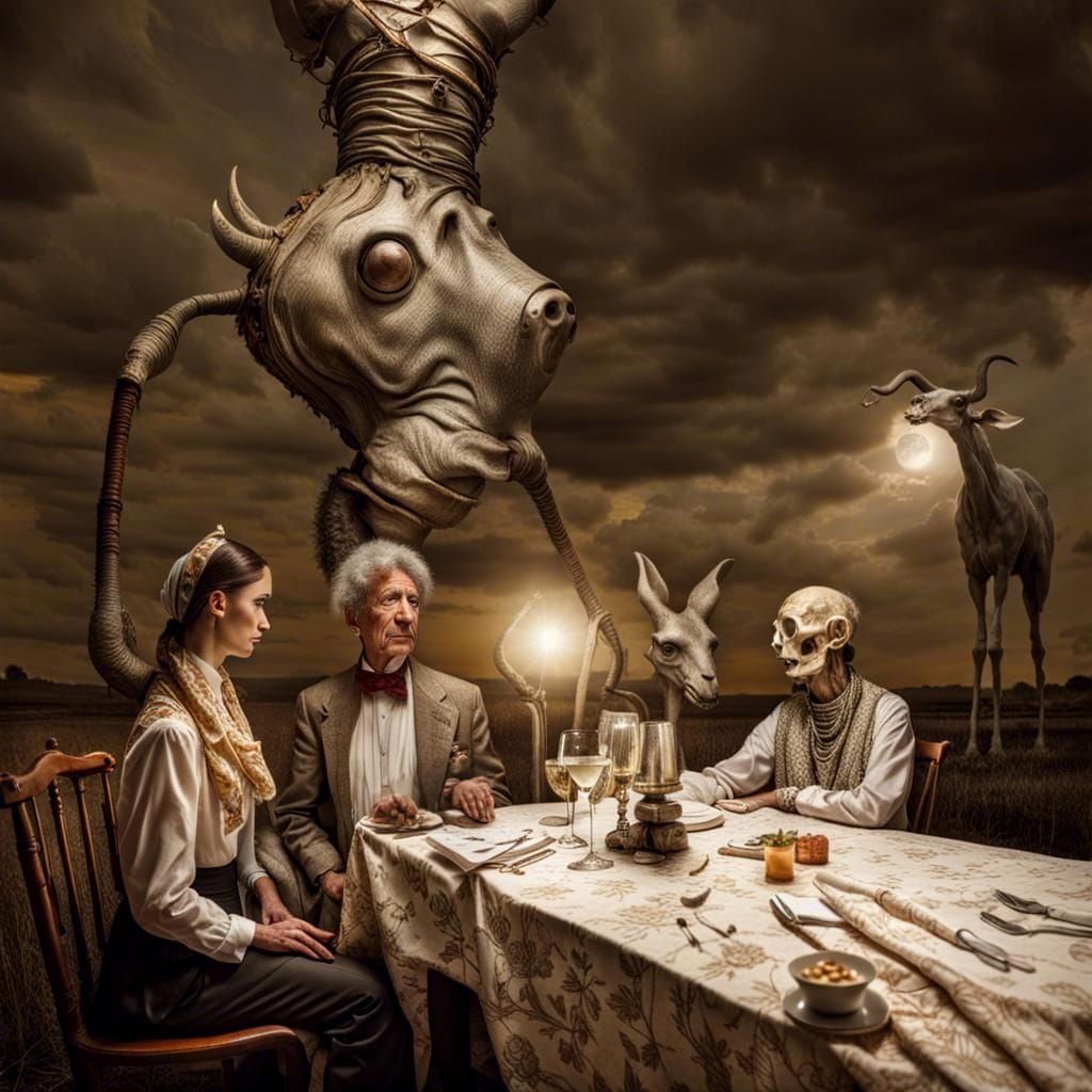 Surreal Restaurant Scene with Exotic Aliens: Hyperreal Photo...