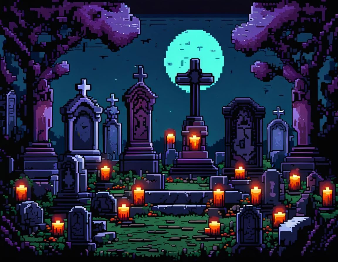 Moonlit Cemetery Graveyard in Pixel Art Style