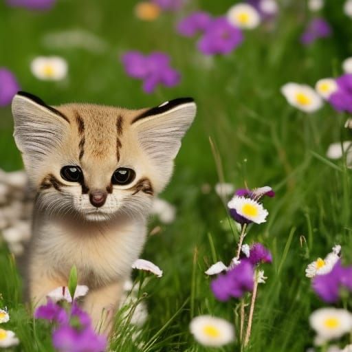 Adorable Baby Sand Cat in Flower Meadow
