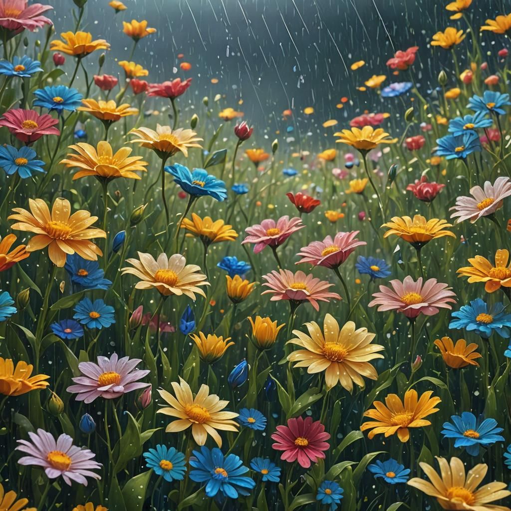 Fantasy Field of Flowers in the Rain