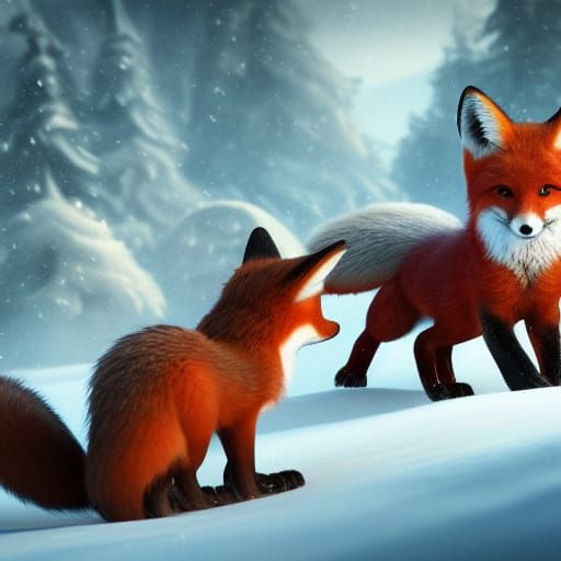 Fox Cubs Playing in Snow: Digital Art