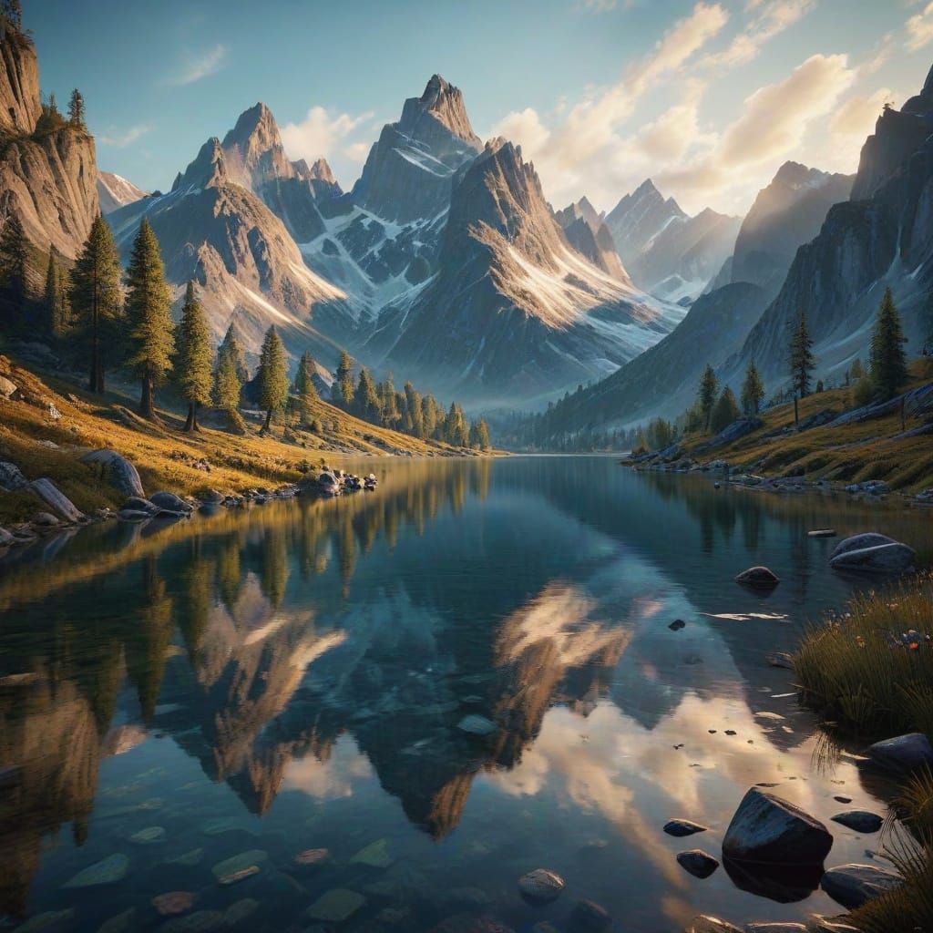 Alpine Lake Reflection at Dawn in Van Gogh Style