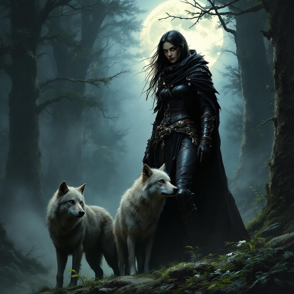 Dark Elf Ranger with Wolves in Misty Forest