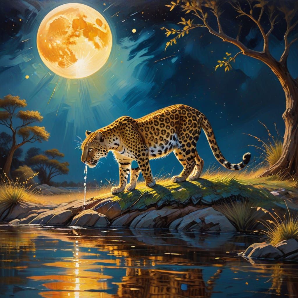 Vibrant Oil Painting of Leopard Drinking Water Under the Moo...
