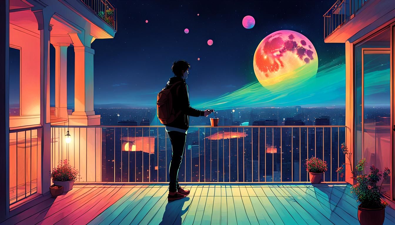 Bioluminescent Cosmic Serenade Balcony in Watercolor Style