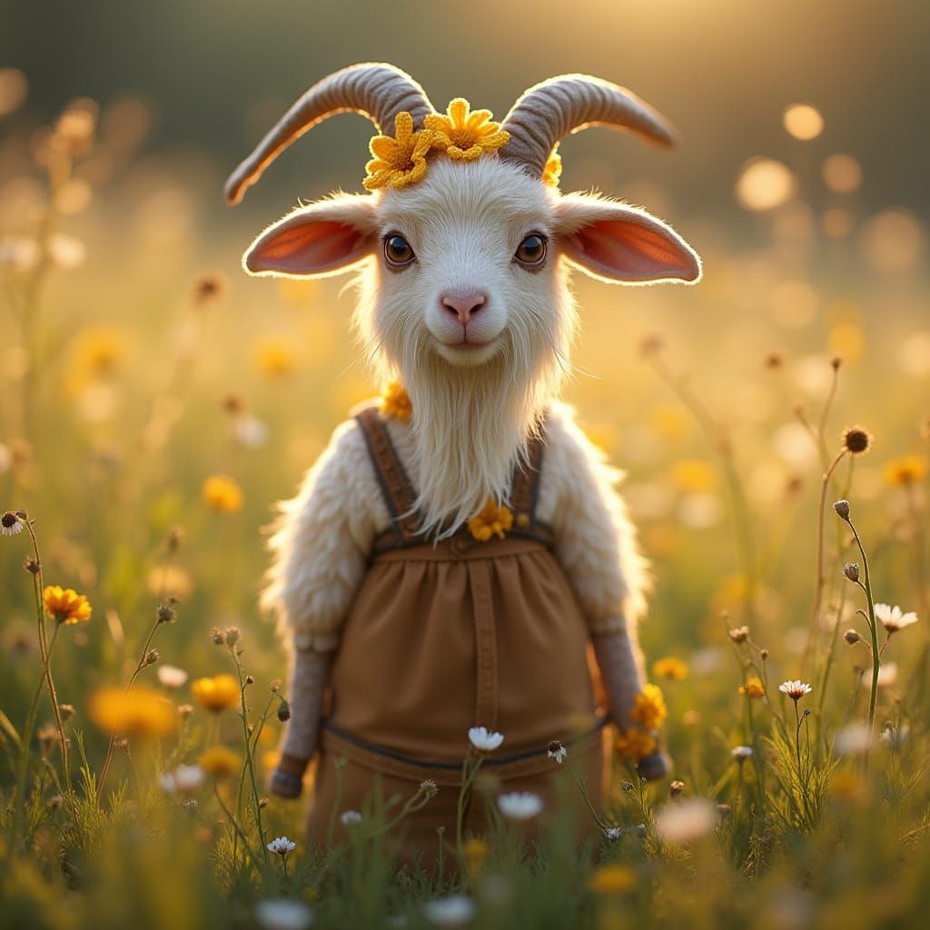 Whimsical Goat in Dirndl Dress, Surrounded by Wildflowers in...