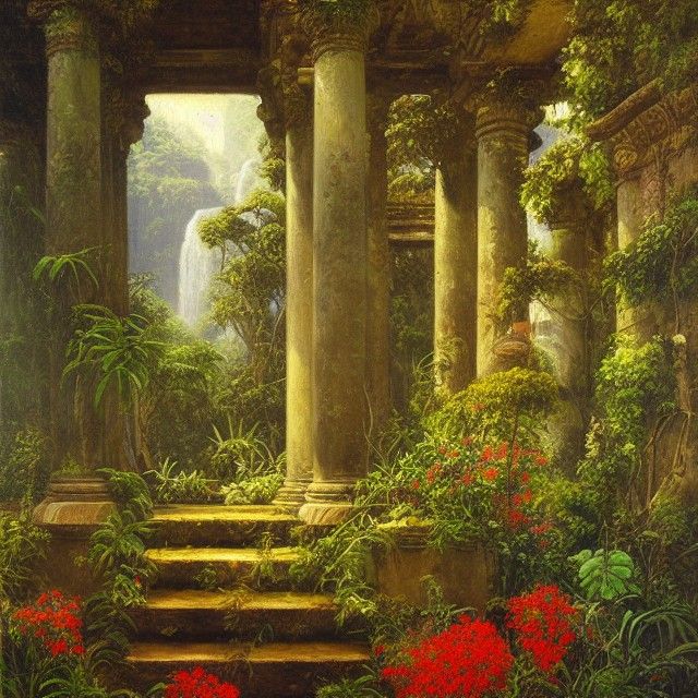 Ruined Jungle Temple with Flowers: Oil Painting