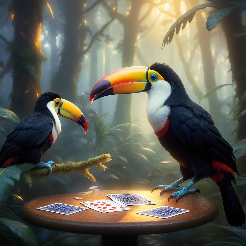 Toucans Playing Cards in Misty Forest