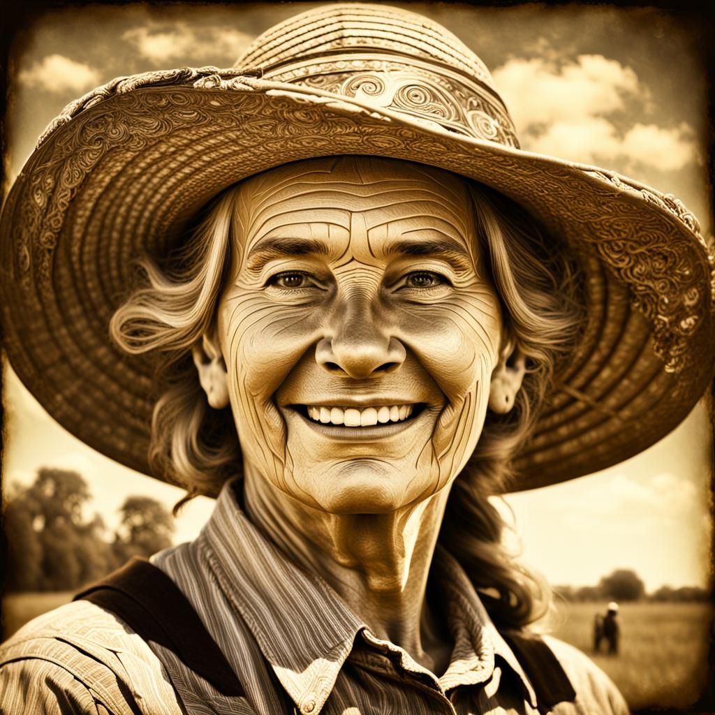Antique Sepia Photo of a Happy Farm Woman