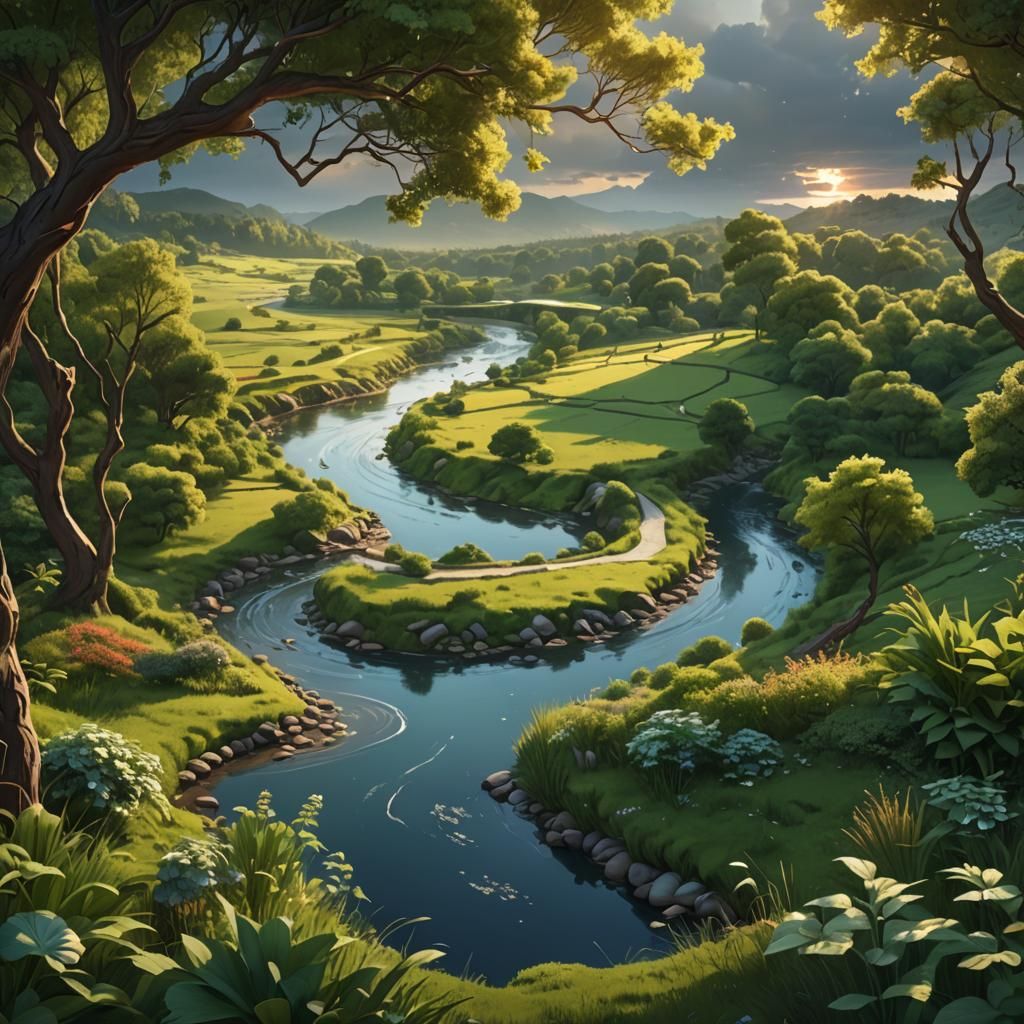 Idyllic River Scene in Flat Illustration Style