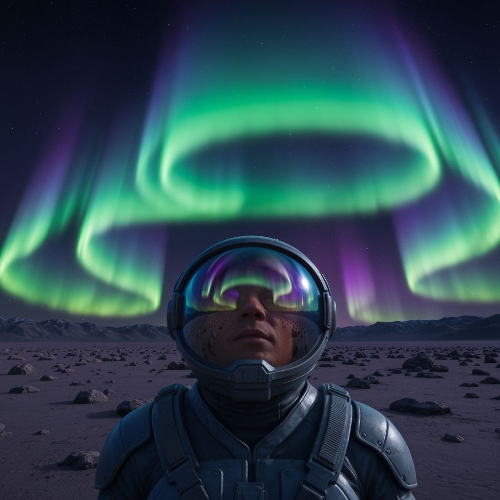 Astronaut and Aurora Borealis on Alien Planet