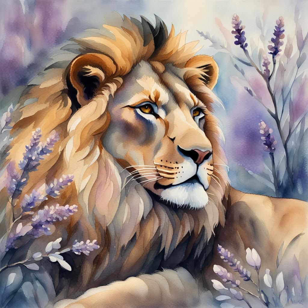 Lion Curled by Magnolia, Impressionist Watercolor