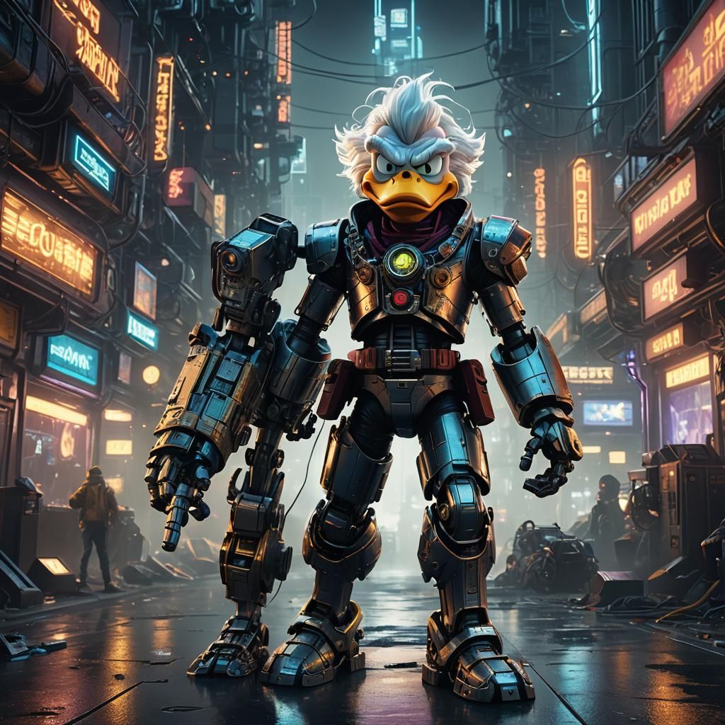 Scrooge McDuck in Futuristic Cityscape, Sci-Fi Art