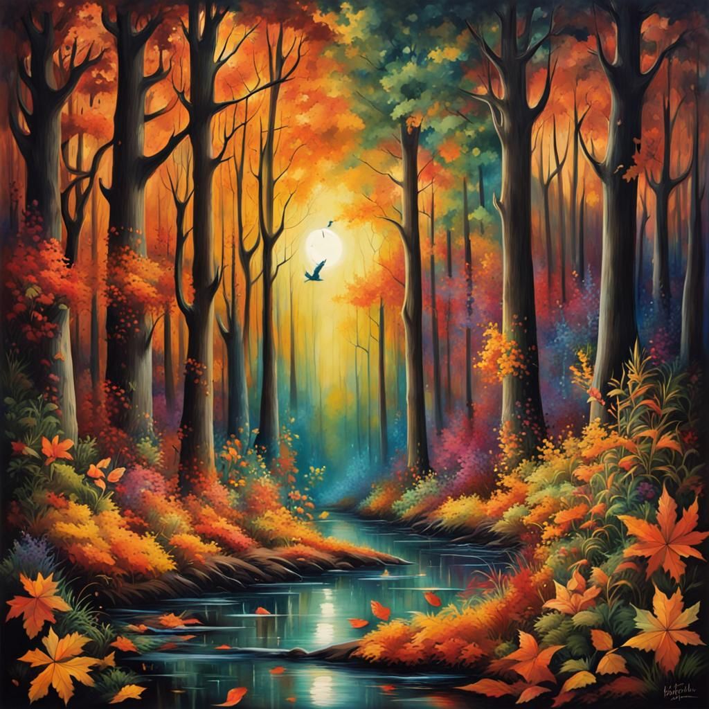 Enchanted Autumn Forest Illuminated by Moonlight: Graffiti A...