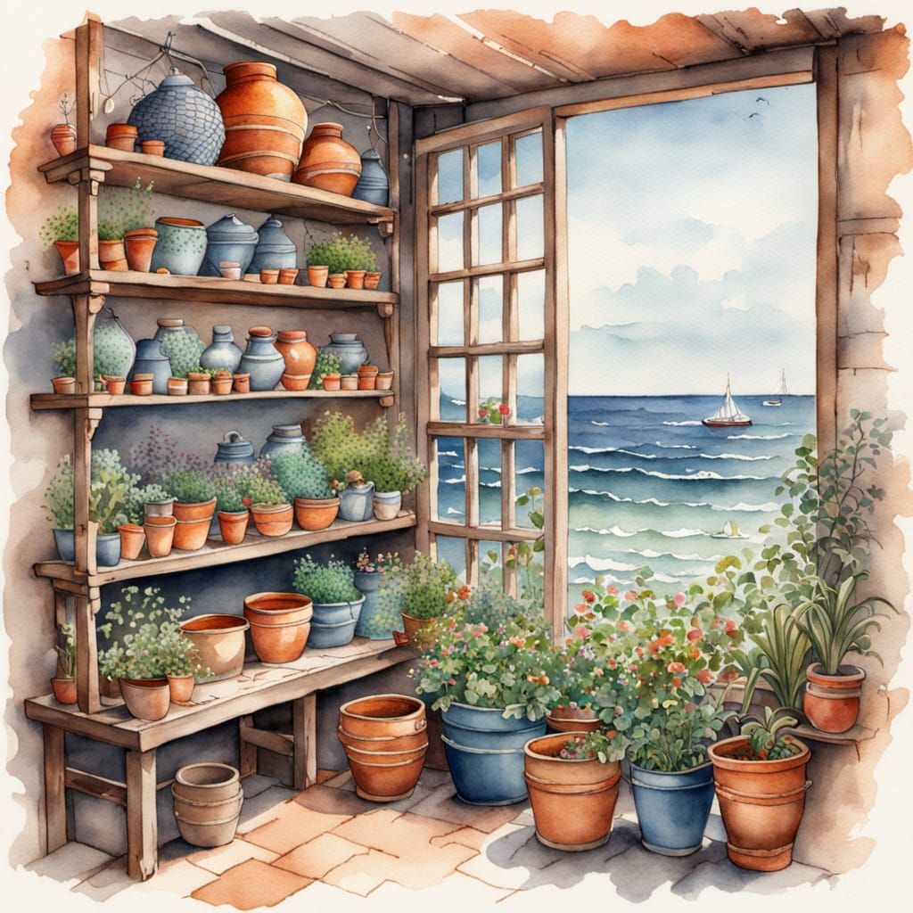 Stunning Watercolour Fishing Shop Interior with Sea View