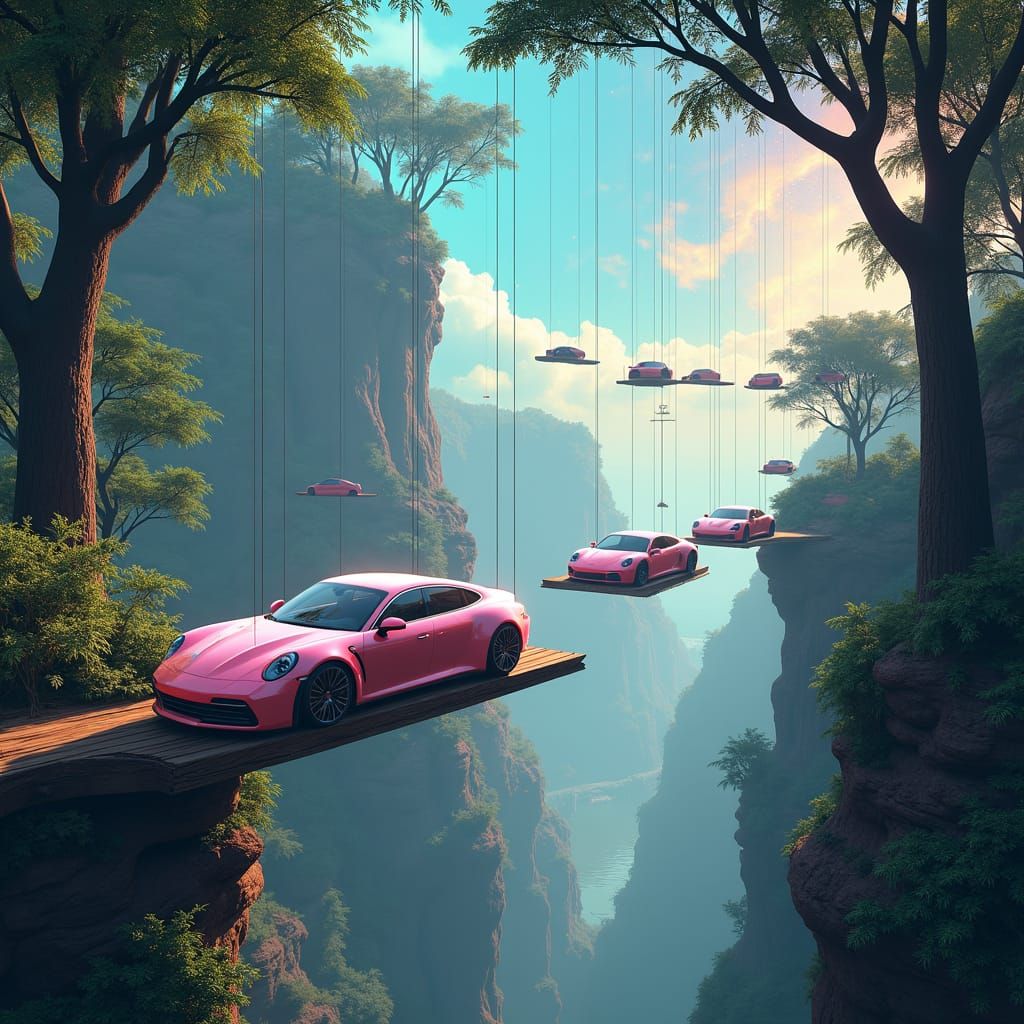 Ethereal Cityscape with Suspended Cars in Digital Art