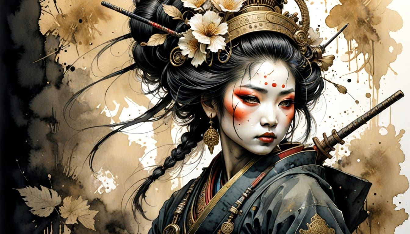Oriental Geisha Warrior in Antique Gold Hues