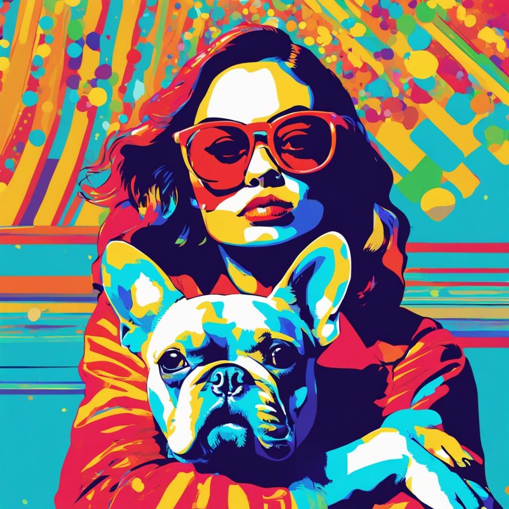 Confident City Woman Holding French Bulldog in Vibrant Pop A...