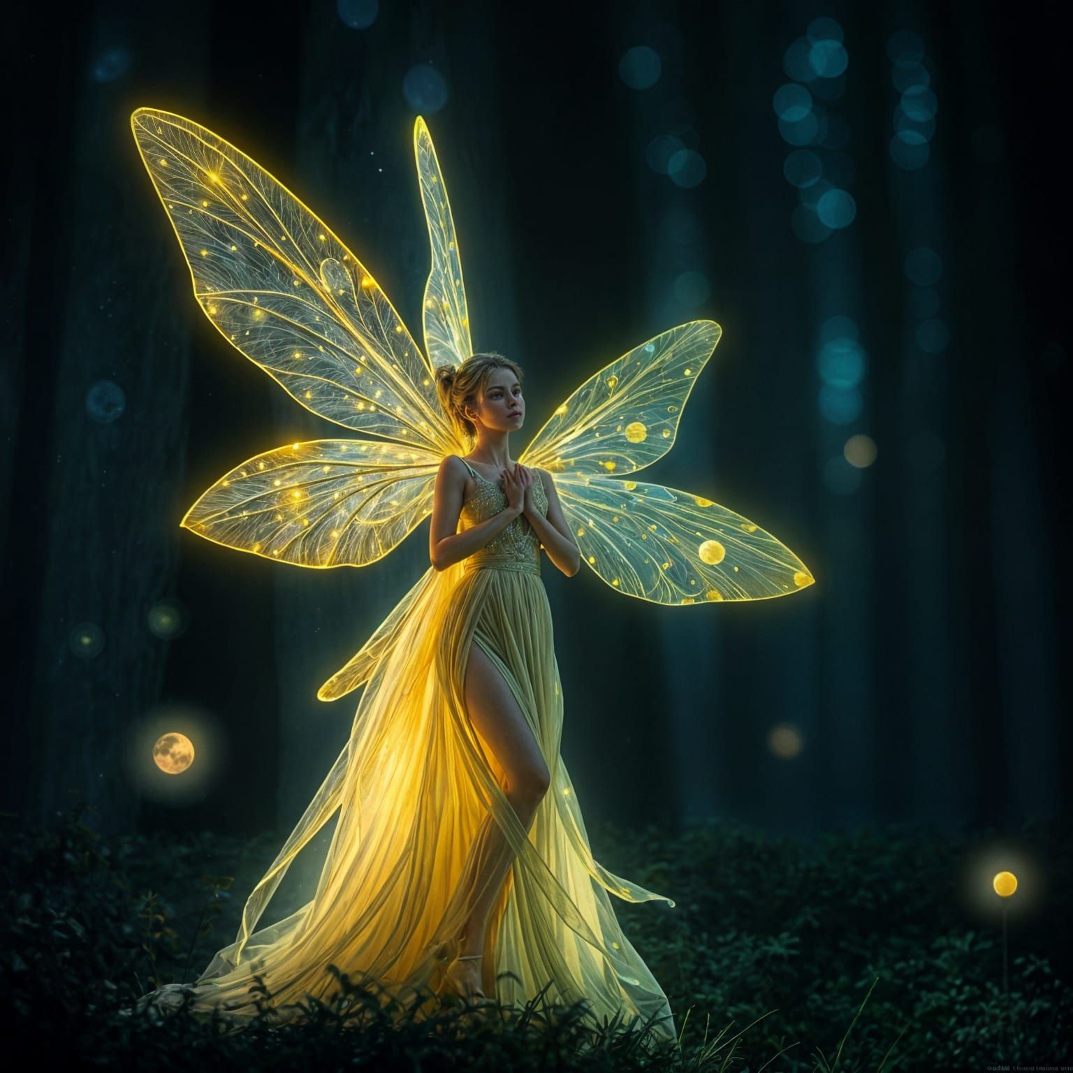 Ethereal Fairy with Dragonfly Wings in Moonlit Forest