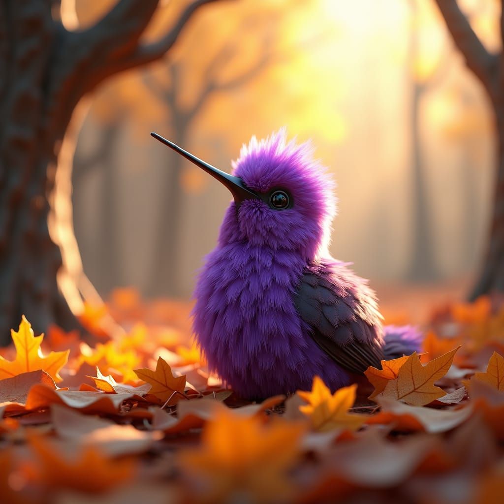 Fluffy Hummingbird in Autumn Leaves, 3D Digital Art