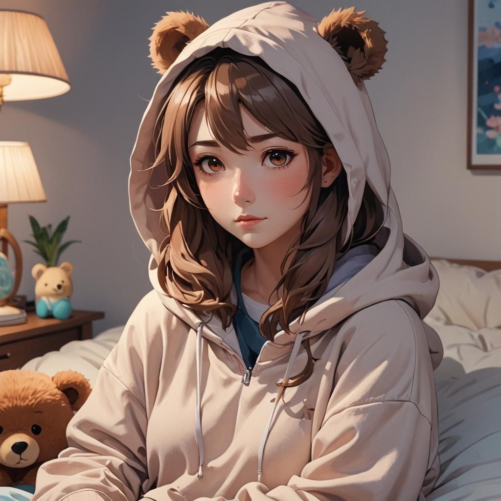 Anime Girl in Cozy Bedroom with Bear Hoodie