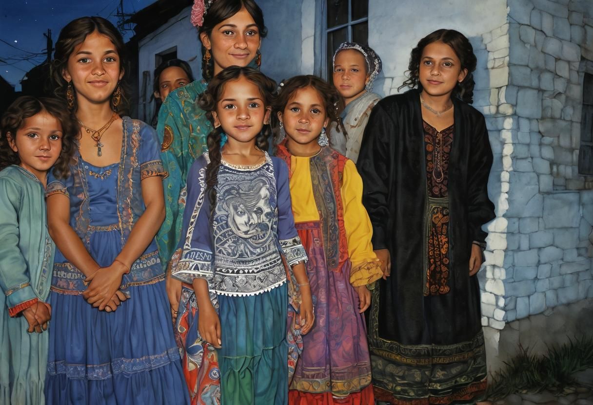 Night Time, Romani Women and kids smiling to the camera, ver...