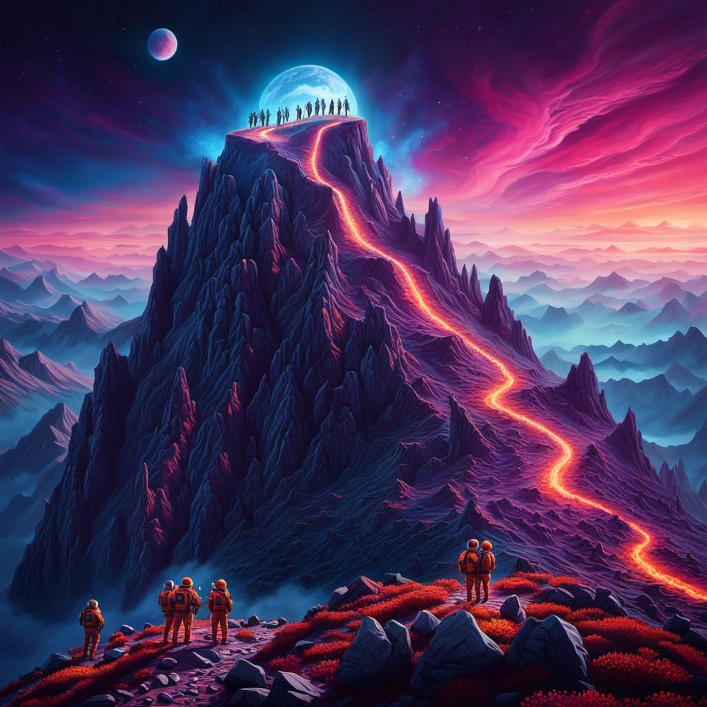 Astronauts Celebrate on Alien Mountain at Night