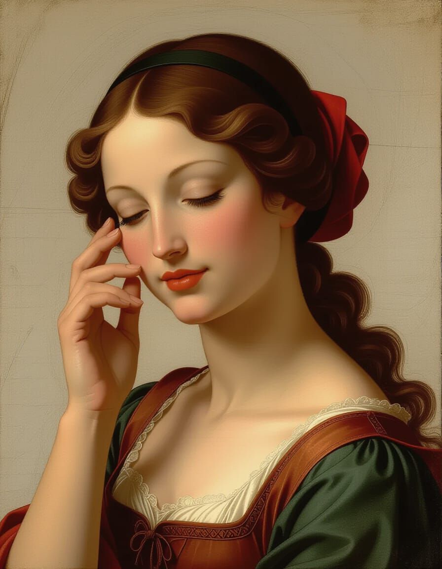 Renaissance Woman's Divine Gaze in Chiaroscuro Light