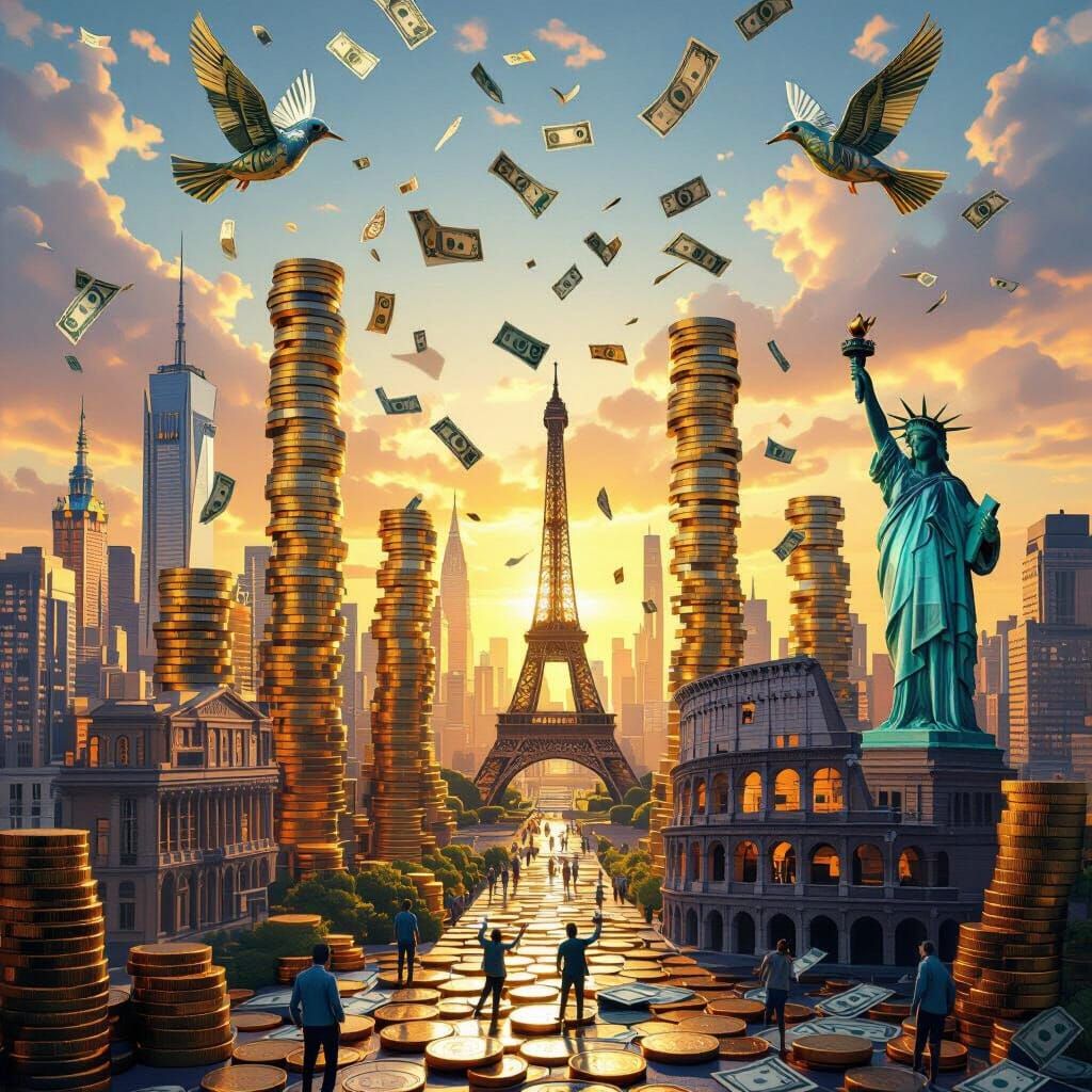 Coin Cityscape with Dollar Bill Birds in Golden Hour