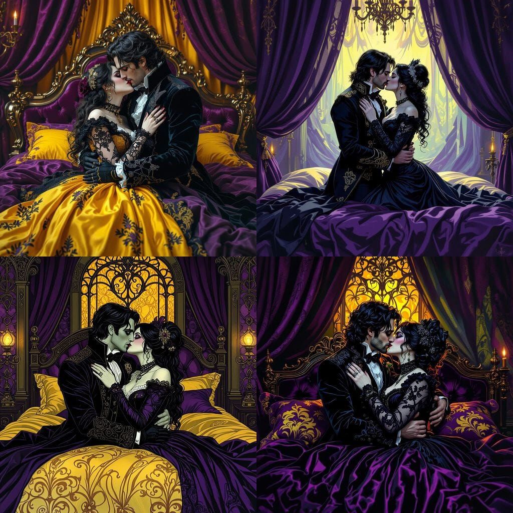 Victorian Goth Couple Kissing in Dark Bedroom