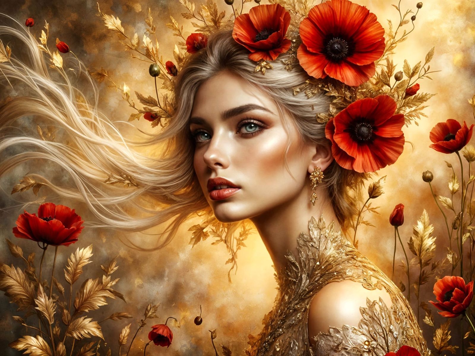 Poppy Crowned Beauty in Painterly Style