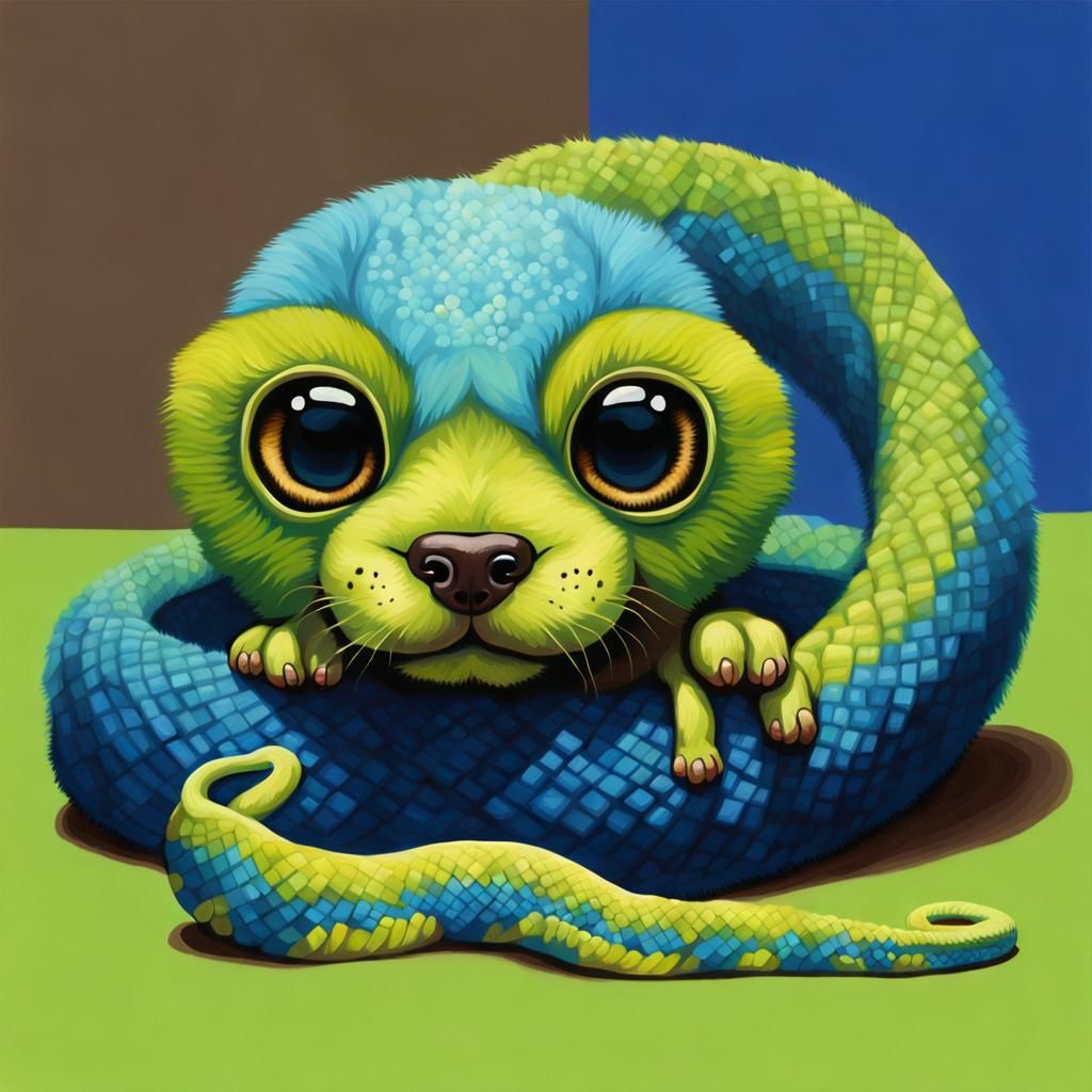 Fuzzy Puppy Snake with Tentacles in Surreal Painting