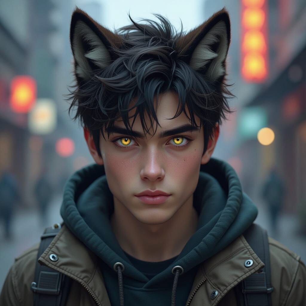 Anime-Inspired Wolf-Eared Man in Post-Apocalyptic World