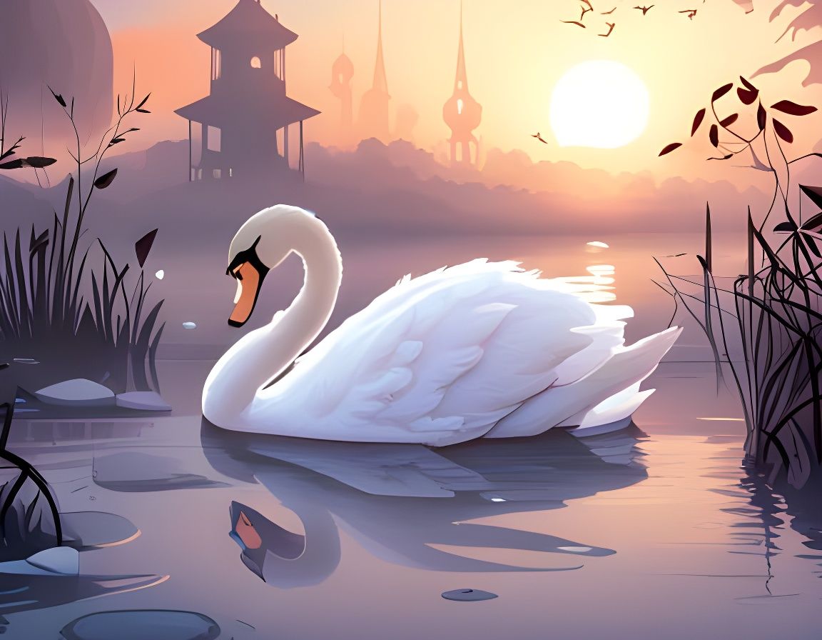 Mute Swan in Foggy Canal: Digital Art