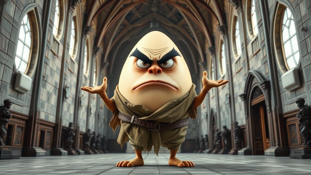 Grumpy Egg Traveler in Castle Hall: 3D Caricature
